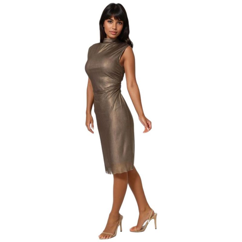 Women's Foil Mesh Drape Neck Shirred Midi Dress