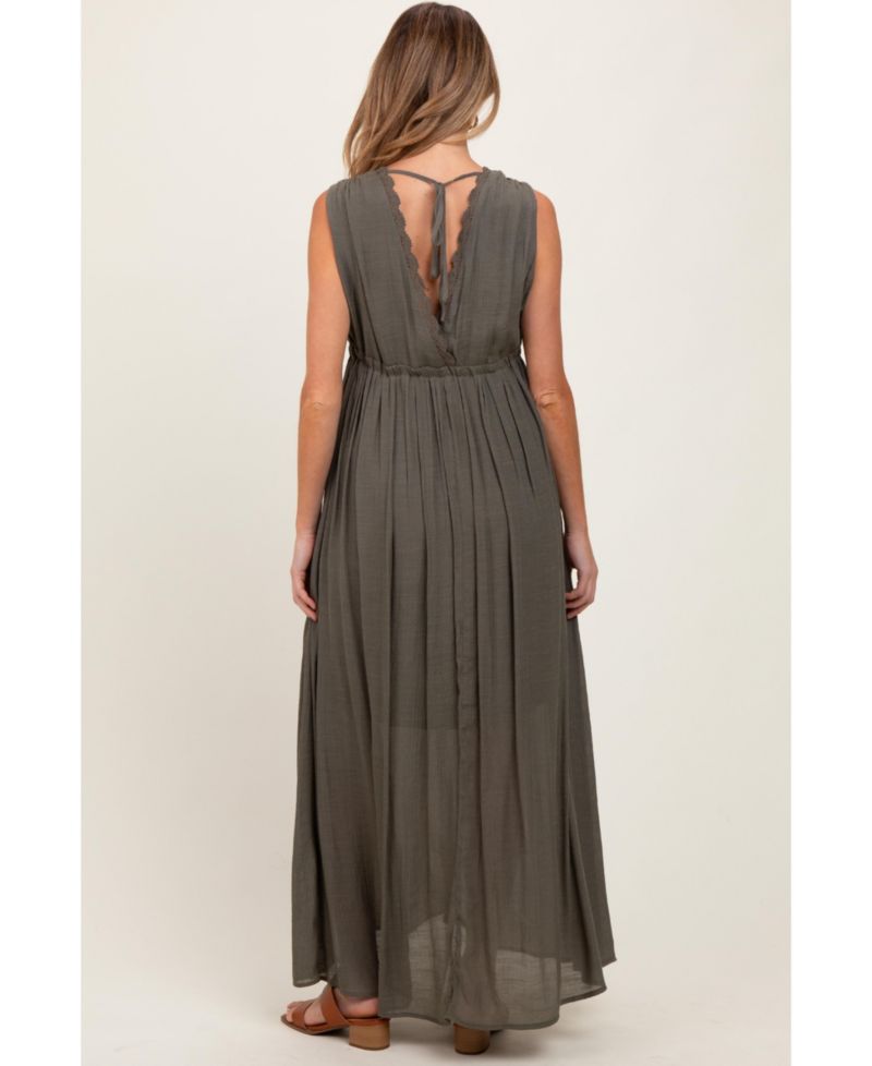 Women's Olive Deep V-Neck Sleeveless Button Down Maxi Dress