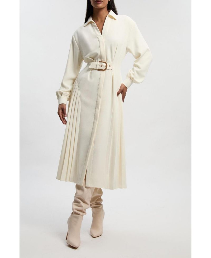 Women's Tailored Crepe Belted Pleated Midi Dress
