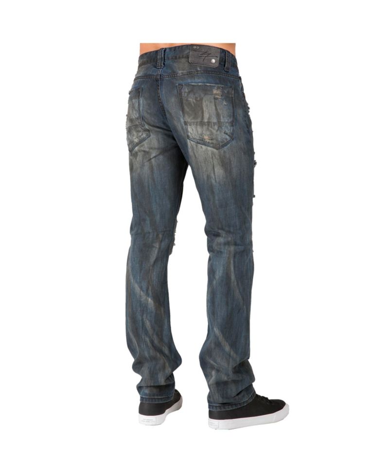 Men's Dark Tint Destroyed and Mended Slim Straight Premium Jeans
