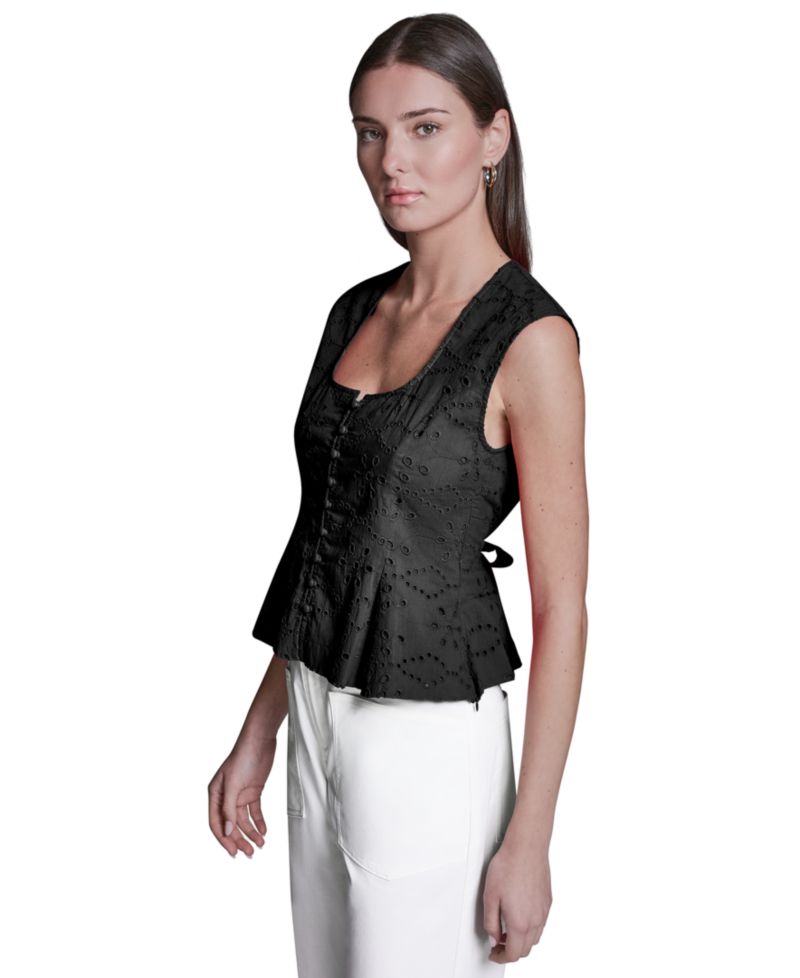 Women's Eyelet Detail Sleeveless Square Neck Peplum Top