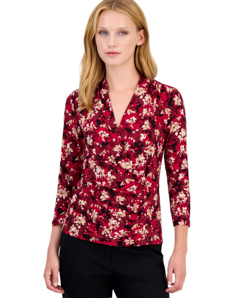 Petite Faux-Wrap Floral-Print 3/4-Sleeve Blouse