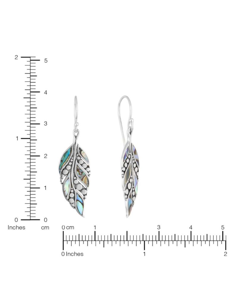 Sterling Silver Abalone Oxidized Dotted Feather Drop Earrings
