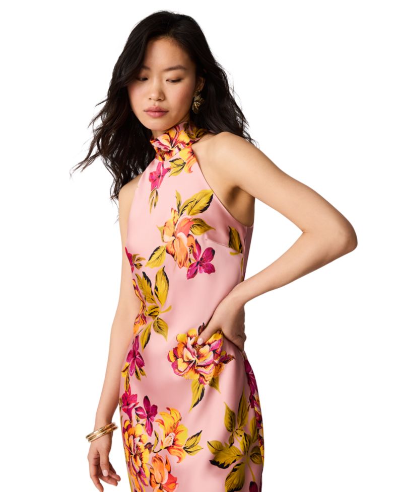 Juniors' Floral-Print Satin Halter Wedding-Guest Dress