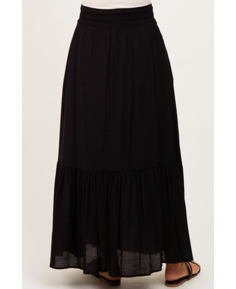 Women's Black Smocked Waist Button Accent Maxi Skirt