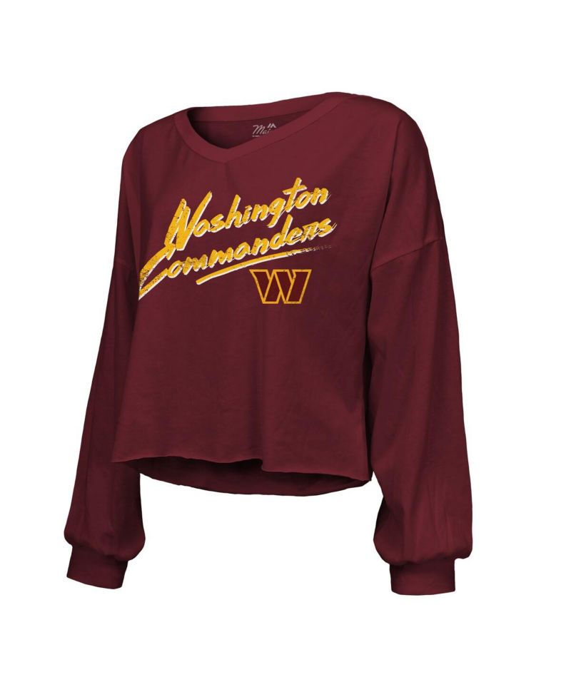 Women's Jayden Daniels Burgundy Washington Commanders Off-Shoulder Script Player Name & Number Cropped Long Sleeve V-Neck T-Shirt