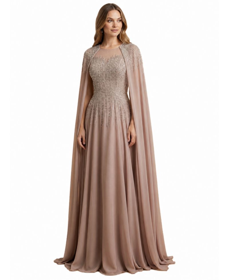 Women's Chiffon A-line Long Gown with Long Cape Sleeves