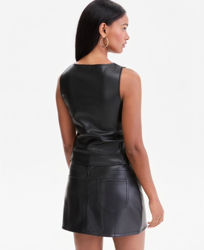Women's Faux-Leather Scoop-Neck Button-Front Vest