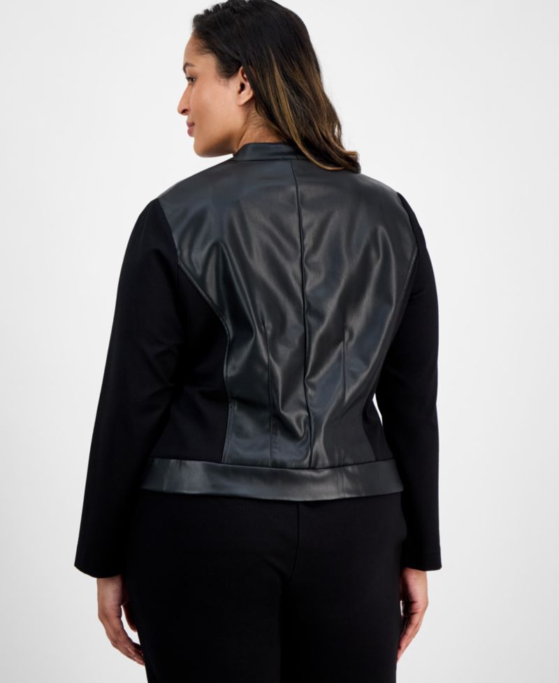 AK Anne Klein Plus Size Mixed-Media Zip-Front Jacket