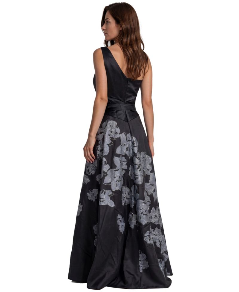 Women's Floral-Print One-Shoulder Mikado Gown