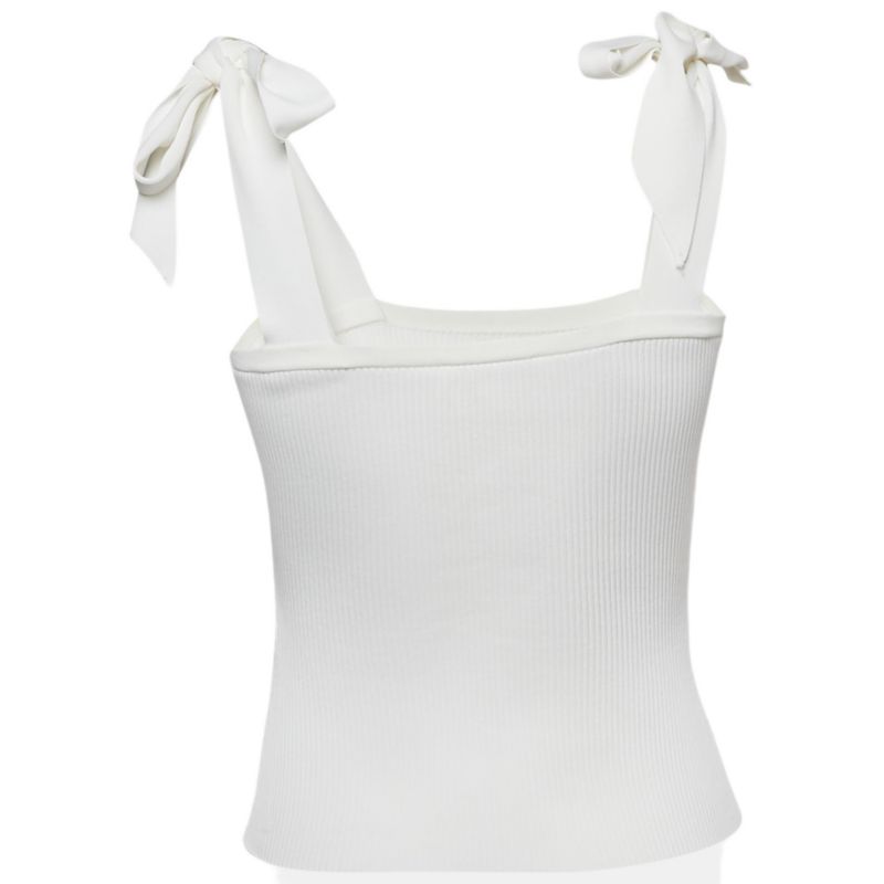 Women's White Rib Knit Sleeveless Tie-Up Top