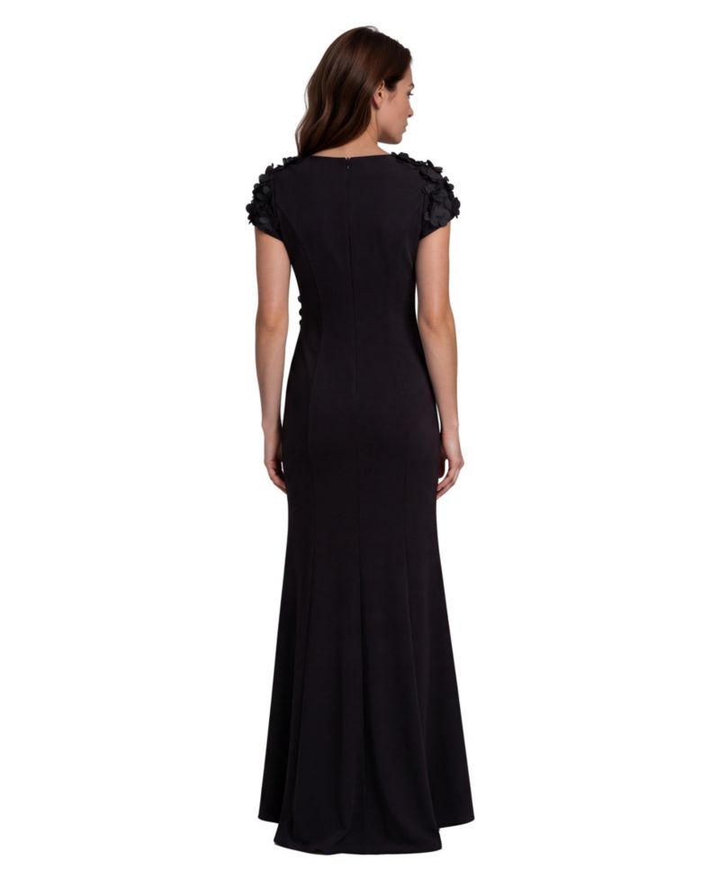Women's High Neck Stretch Crepe Fit And Flare Gown with Sequin Appliques