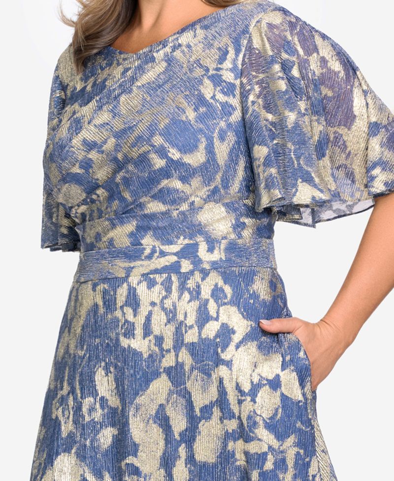Plus Size V-Neck Foil Printed Gown