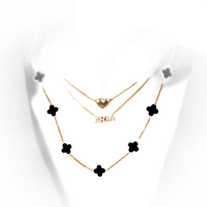 Small Onyx Clover Necklace 14K Yellow Gold