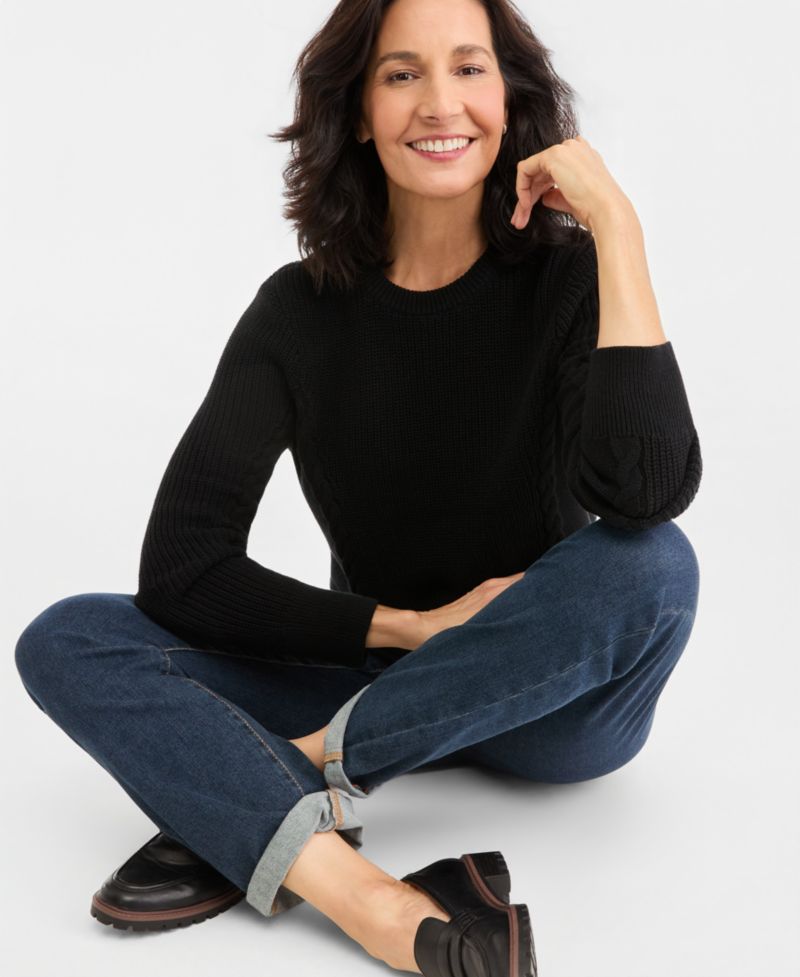 Petite Mixed Rib Cable-Knit Cotton Crewneck Pullover