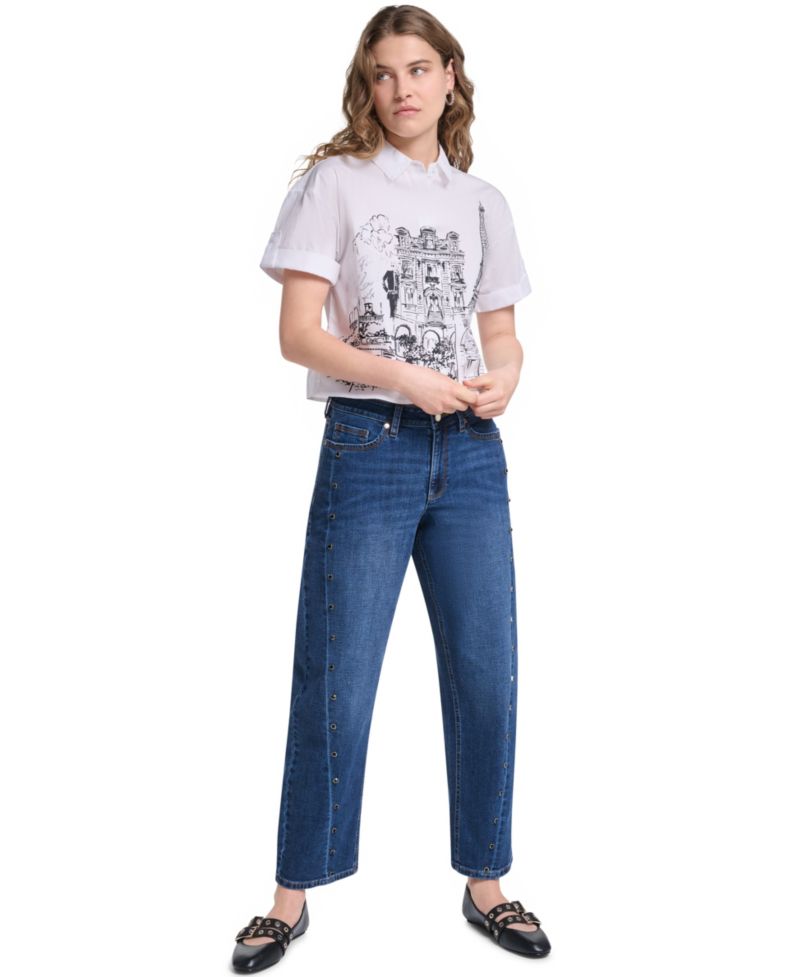 Women's Cotton Crop Paris Scene Button-Front Top