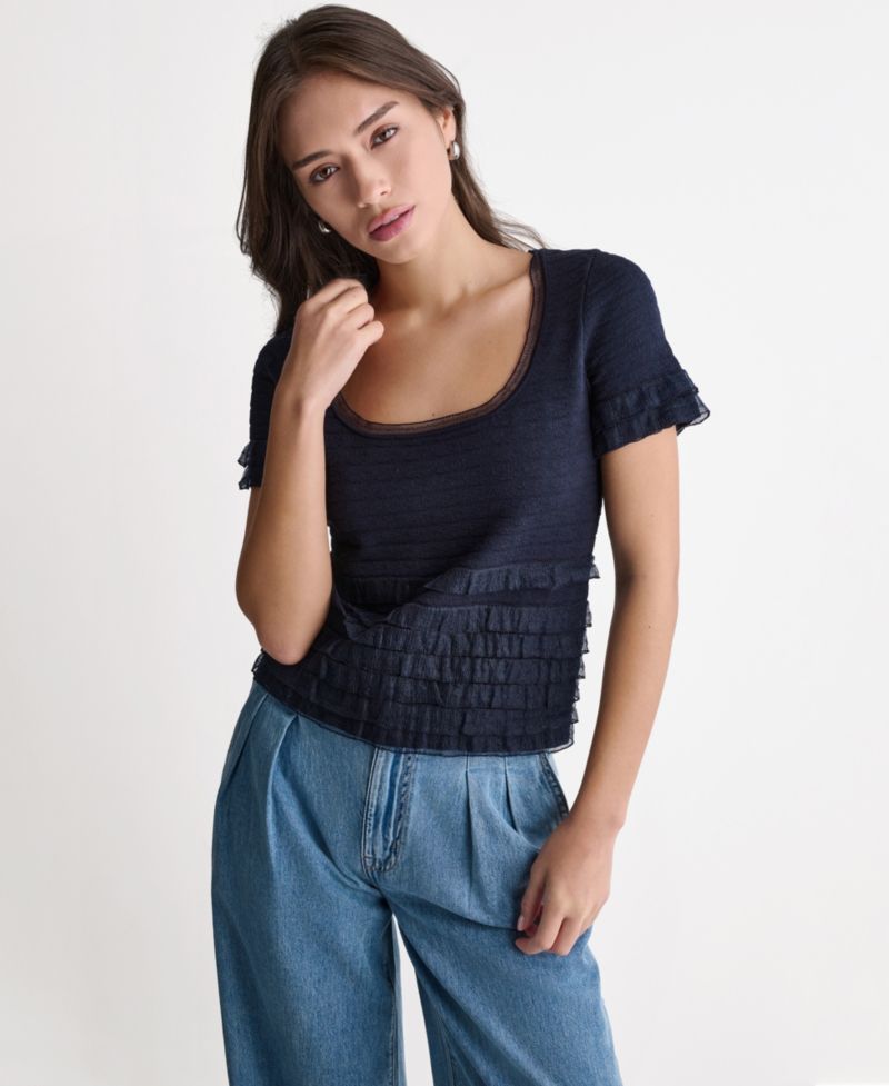 Women's Pointelle Ruffle Short-Sleeve Sweater