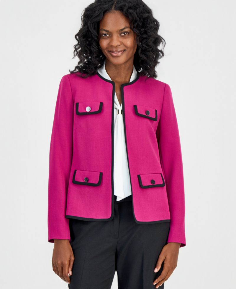 Collarless Contrast-Piping Jacket, Embellished-Neck-Tie Top & Ava Straight-Leg Pants