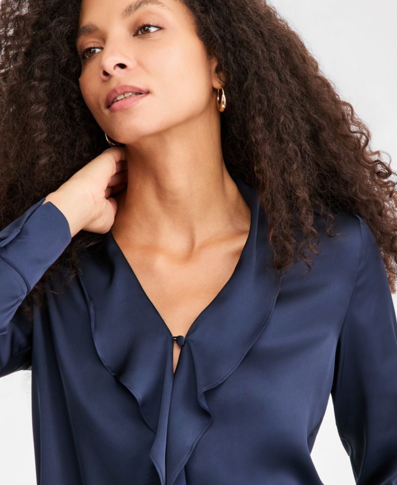 Women's Emmaggravi V-Neck Satin Puff-Cuff Long-Sleeve Blouse