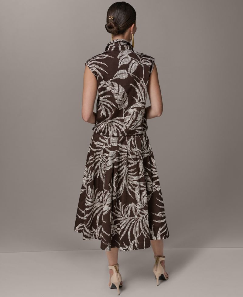 Women's Button-Front Drawstring Top and Printed Pleated Skirt