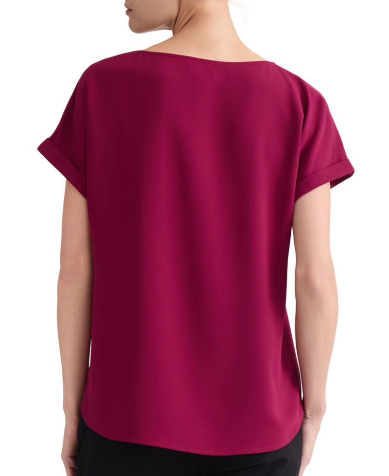 Petite Shoulder-Button-Detail Boat-Neck Short-Sleeve Blouse