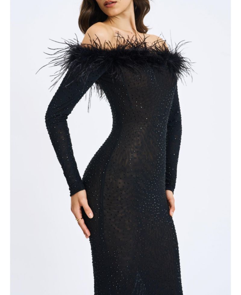 Women's Emberly Black Faux Fur Trimmed Off-Shoulder Rhinestone Mermaid Maxi Dress