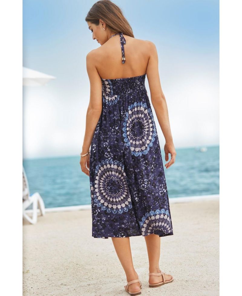 Women's Viscose Printed Halter Smocked Halter-Neck Midi Dress