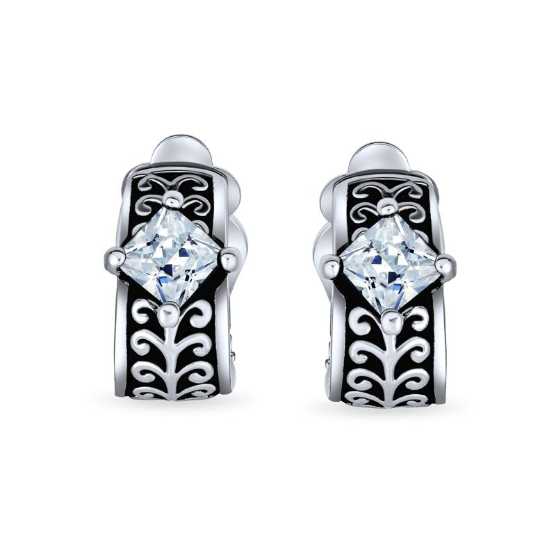 Bali Style Black Crystal Scroll Half Hoop Clip-On Earrings Silver Oxidized