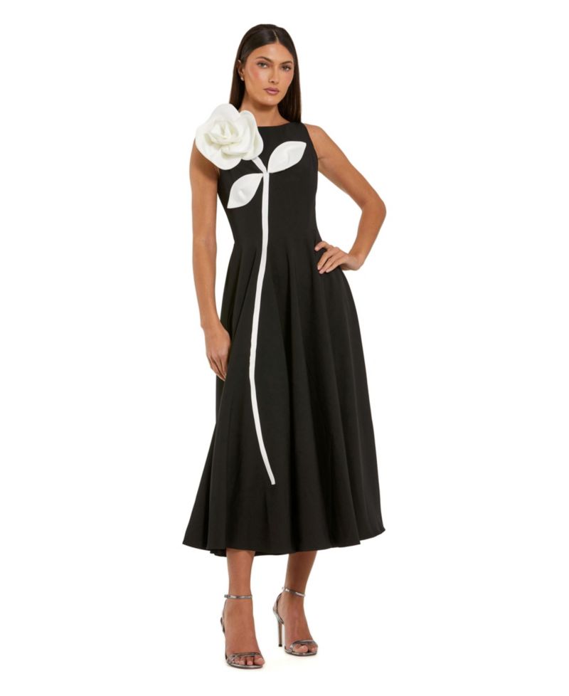 Women's Floral-Applique Boat-Neck Sleeveless A-Line Midi Dress