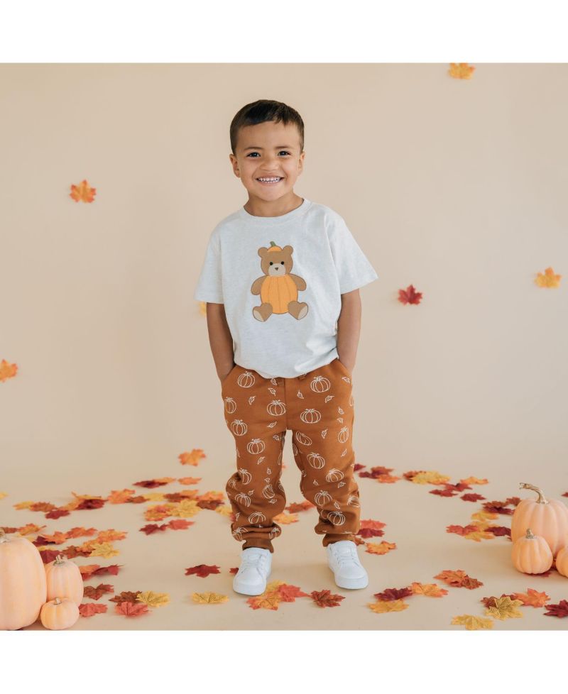 Little Boys Pumpkin Teddy Bear Patch Short Sleeve T-Shirt