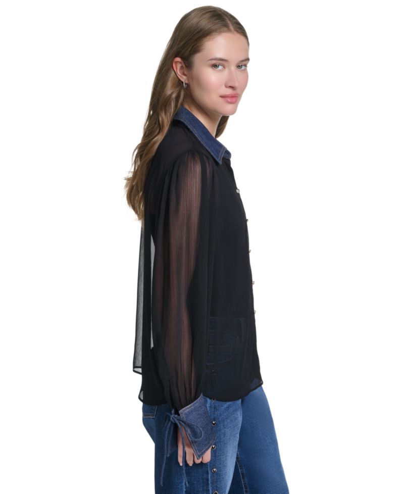 Petite Denim Collar and Cuff Crinkle Chiffon Button-Up Top