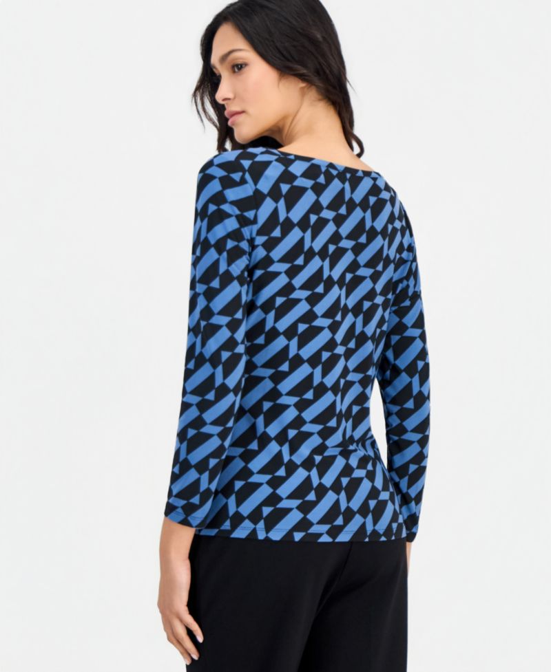 Petite Geo Printed Front Ruche Boat Neck Work Blouse