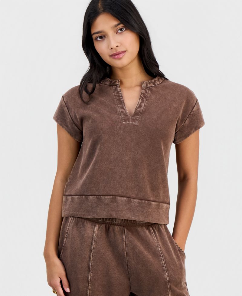 Petite French Terry Split-Neck Cap-Sleeve Top