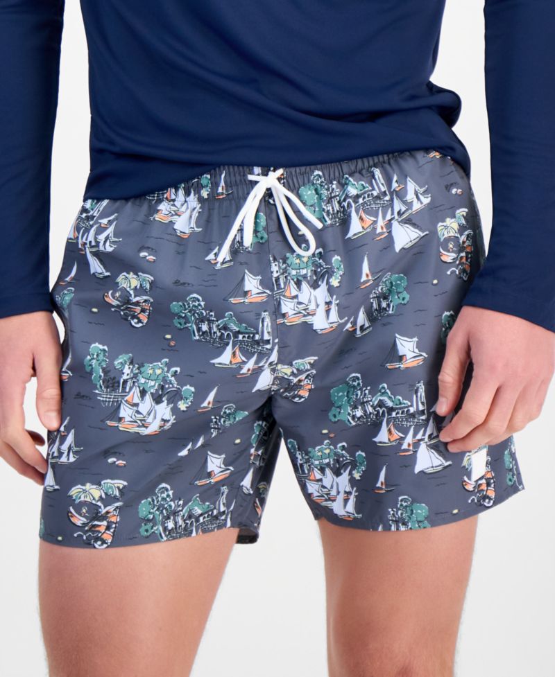 Men's Piranha All-Over-Print Swim Trunks, 5" Inseam