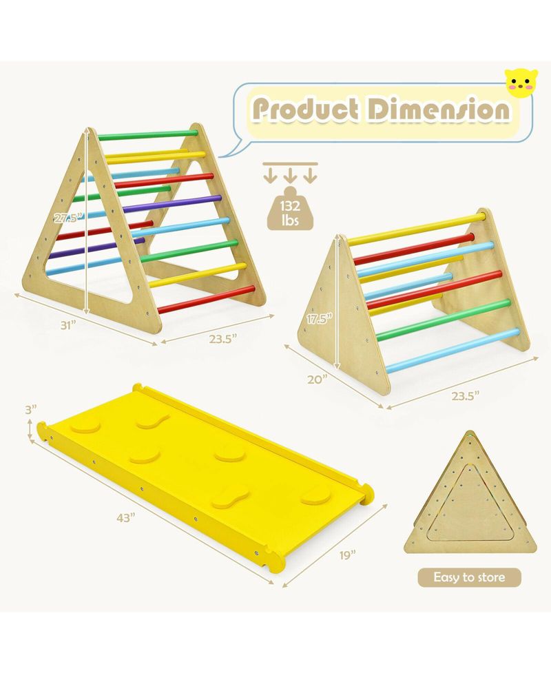 3-in-1 Wooden Triangle Ladders and Reversible Ramp, 3-Piece Set