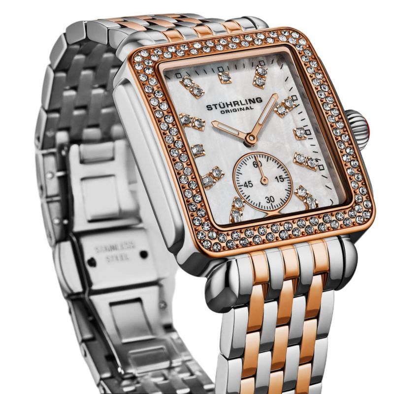 Women s 4090 34mm Crystal-Accented Rectangular Stainless Steel Bracelet Watch with Mother-of-Pearl Dial