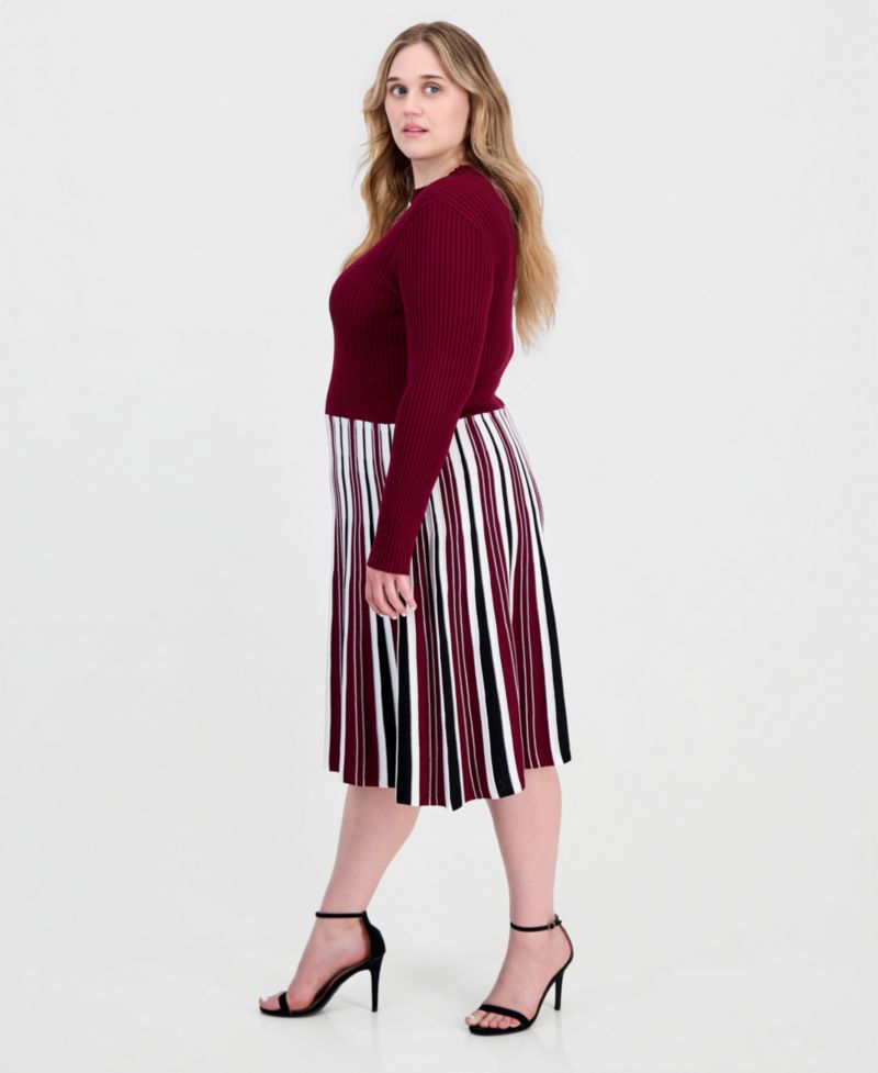 Plus Size Mock-Neck Long-Sleeve A-Line Midi Dress