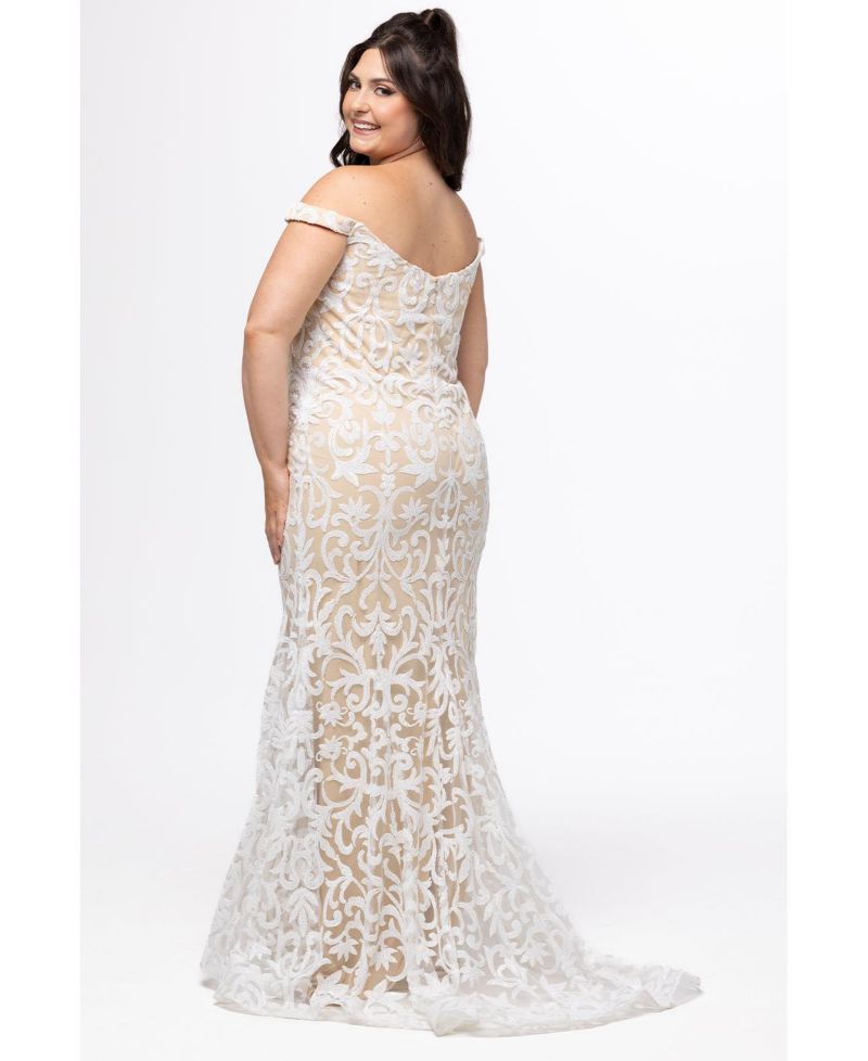 Ivory & Nude Plus Size Off-the-Shoulder Sequin Mermaid Dress