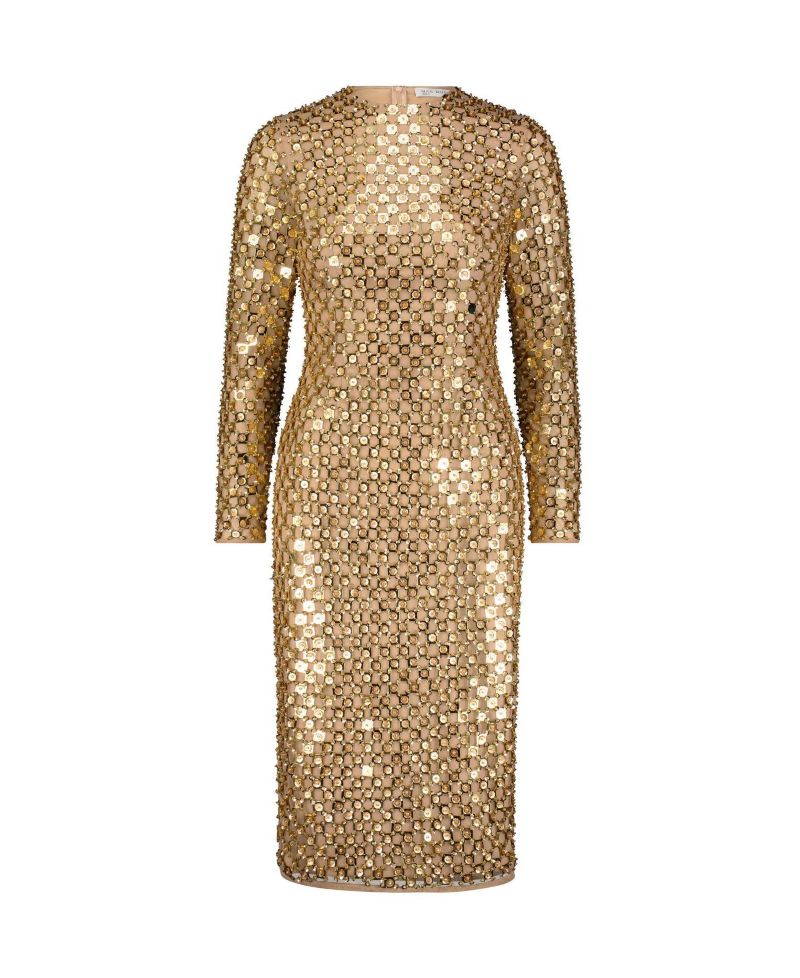 Women's Beaded Georgette Long Sleeve Fitted Midi Dress