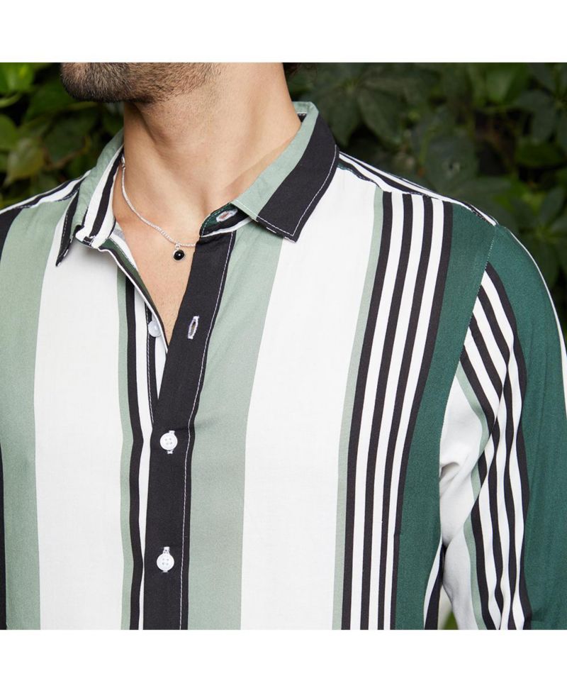 Men's Jungle Green & Cream White Multitrack-Striped Shirt