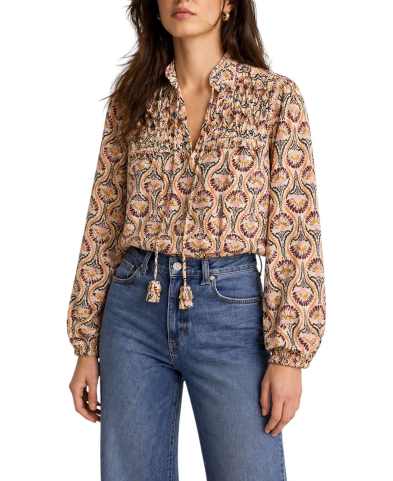 Women's Floral-Print Ruffle-Trim Tie-Front Long-Sleeve Blouse