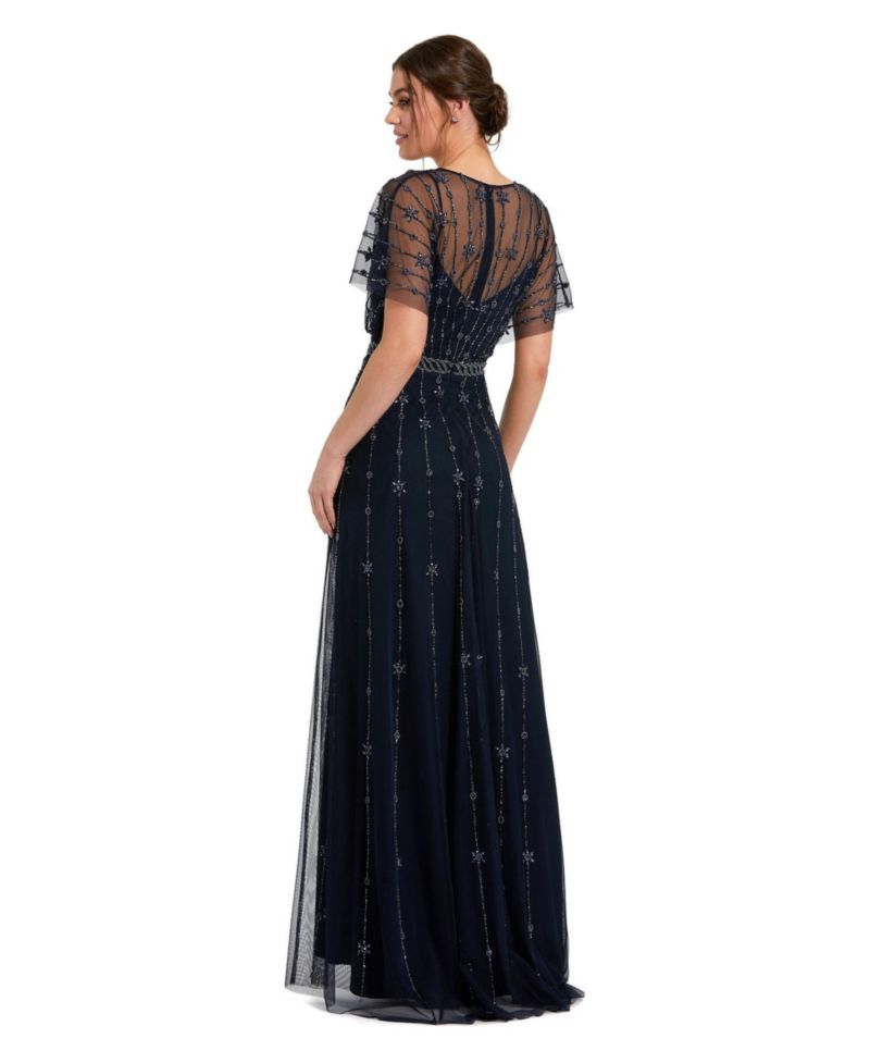 Women's V Neck Embellished Flutter Sleeve A Line Gown