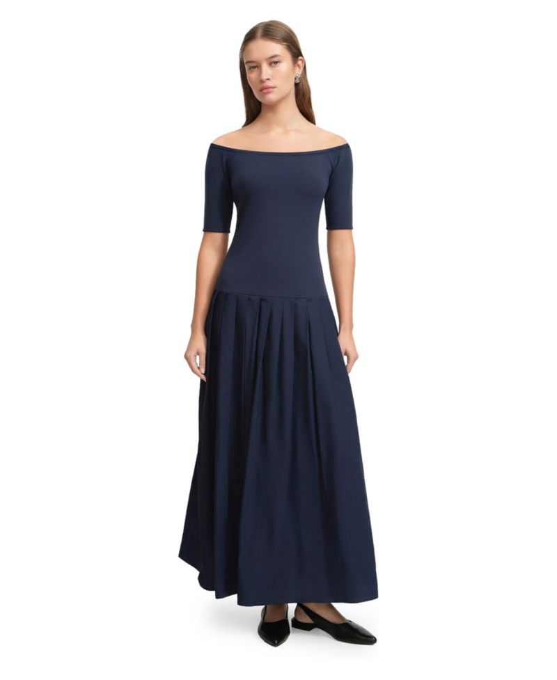 Women's Mila Off-Shoulder Dropped-Waist Pleated Cotton Dress with Pockets