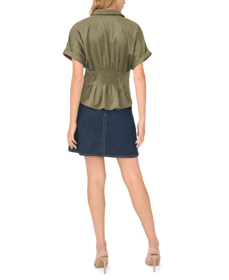 Women's Collared Short-Dolman-Sleeve Pleated-Waist Blouse