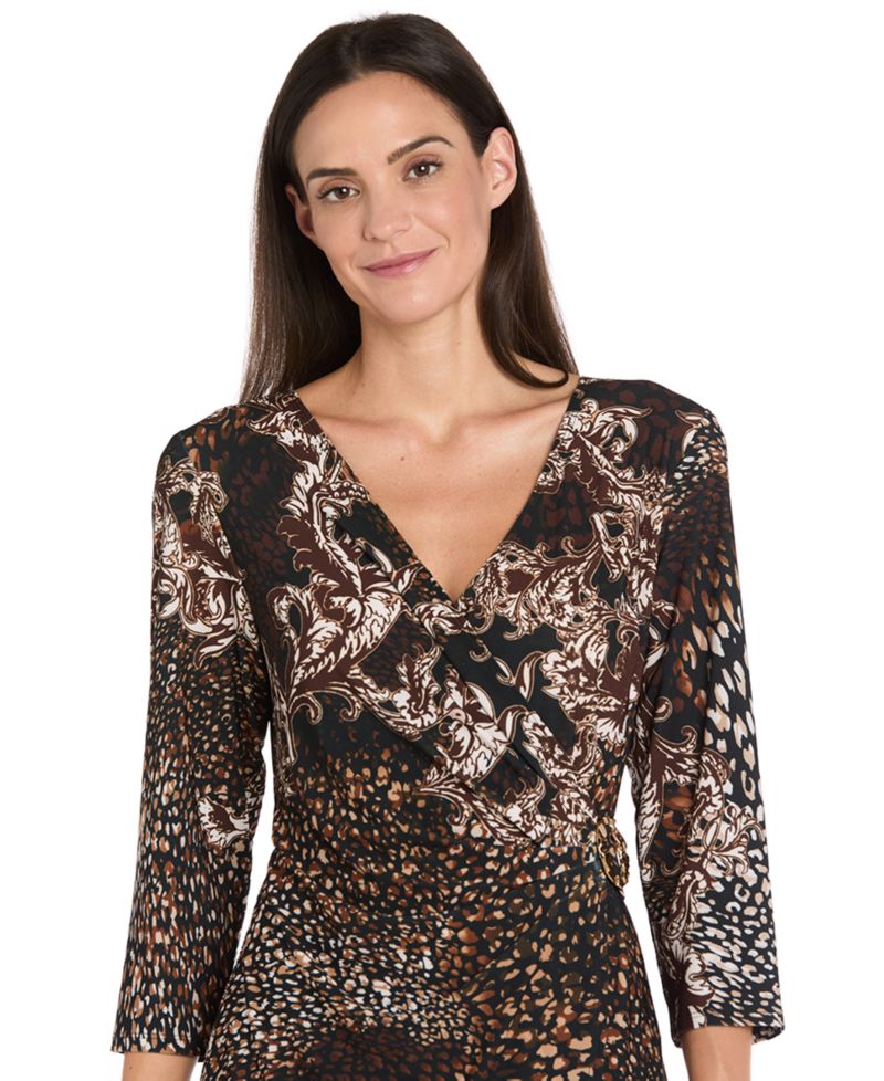 Women's Animal Print Faux Wrap 3/4-Sleeve Dress
