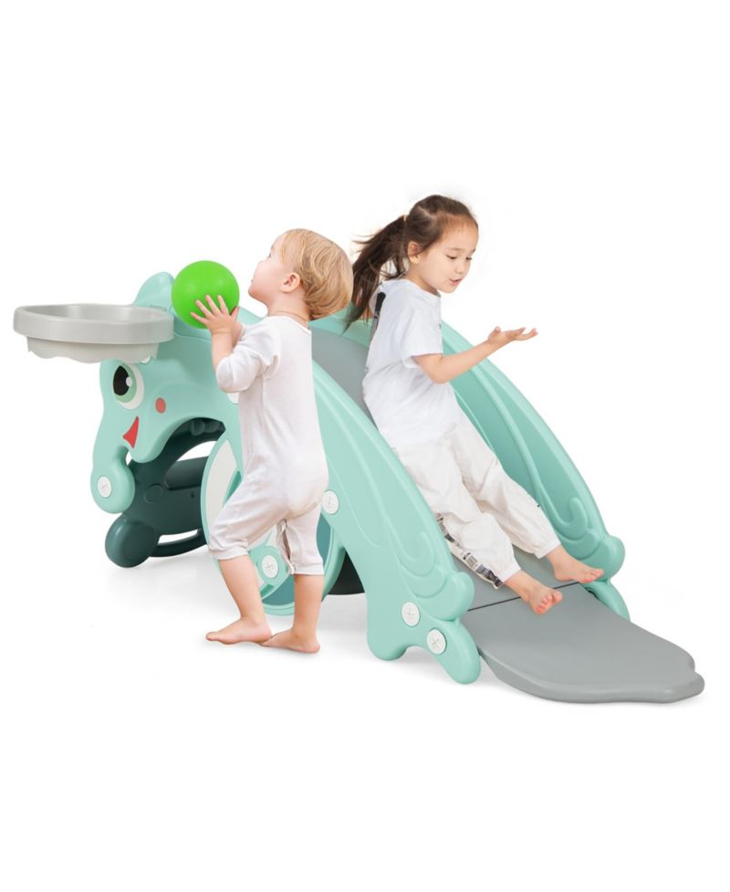3-in-1 Kids Slide Rocking Horse Set Convertible Toddler Slide w/ Basketball Hoop Green