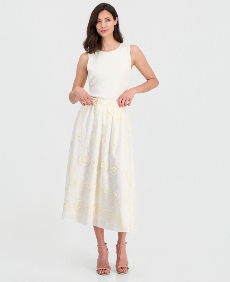 Women's Pull-On Floral-Embroidered Midi Skirt