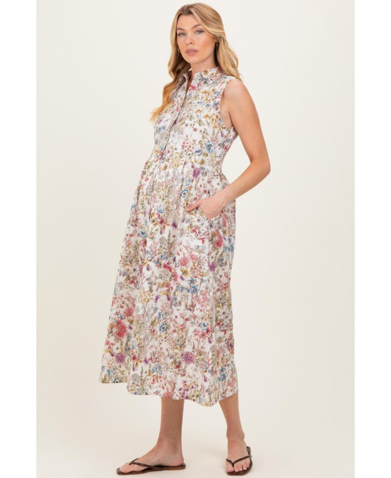 Women's Multicolor Garden Print Sleeveless Shirt Dress