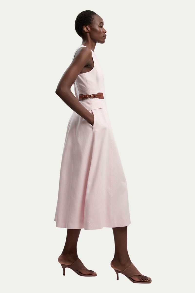 Women's Fitted Belt Crew Neck Midi Dress
