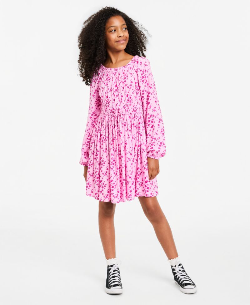 Girls' XS-XL Long-Sleeve Floral-Print Dress